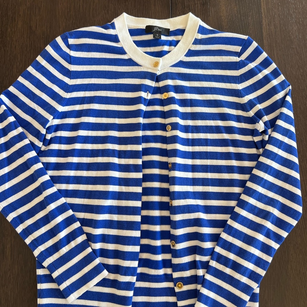 J. Crew Royal Blue and White Striped Button Cardigan